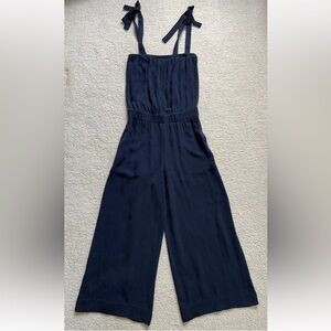 Theory Silk Wide Leg Jumpsuit Womens Sz 0 Navy elastic bandeau tie straps flowy